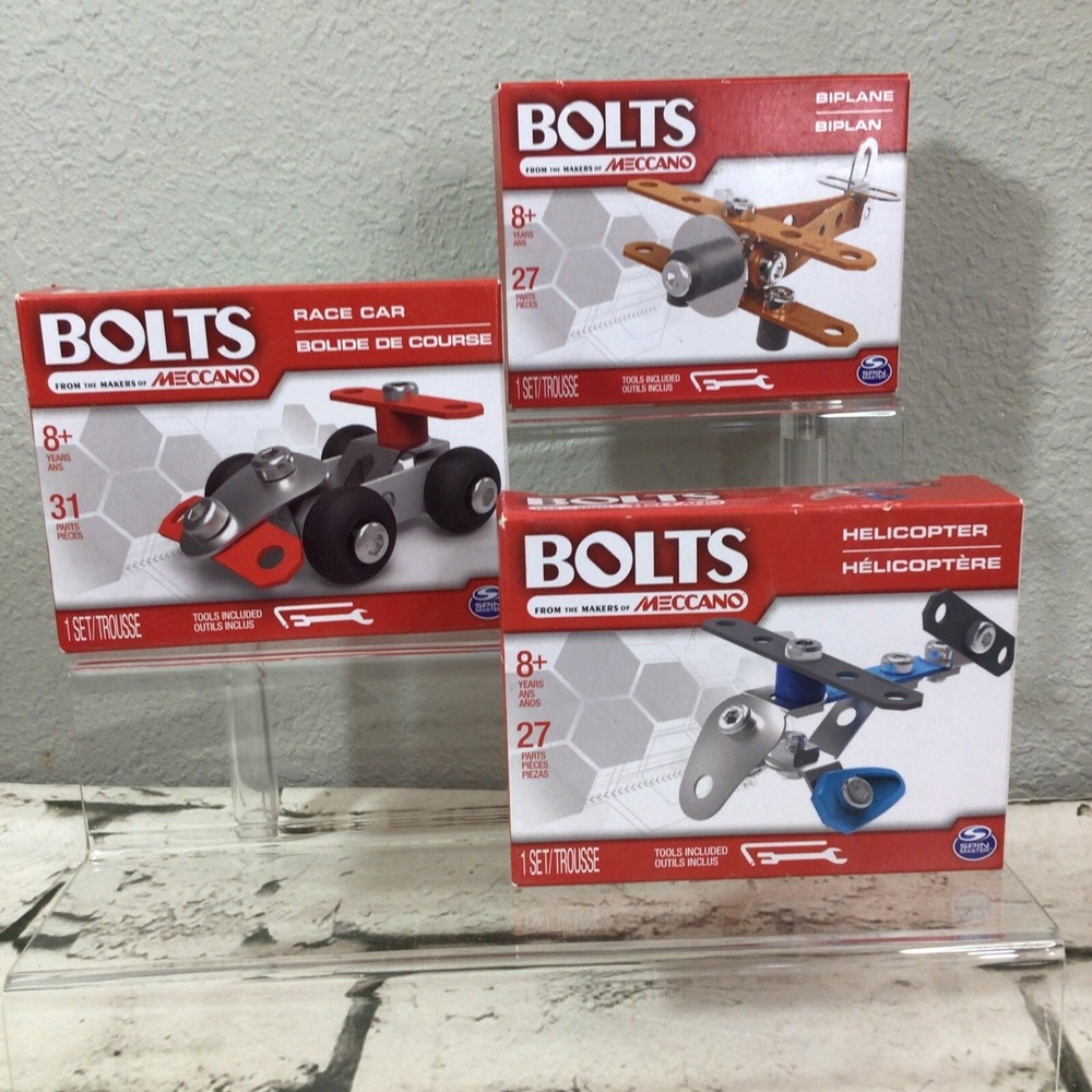 BOLTS SETS By Meccano Engineering Lot of 3 Race Car Biplane Helicopter